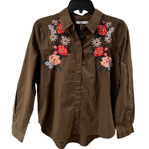 Serene Bohemian Shirt Womens Sz L Button Down Embroidered Floral Boho western - Picture 1 of 8